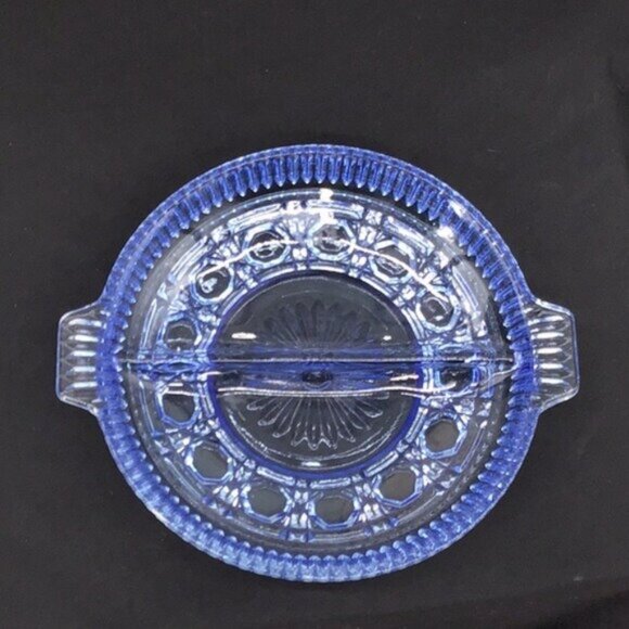 Vintage Blue Glass Divided Relish Dish With Handles - Picture 2 of 3